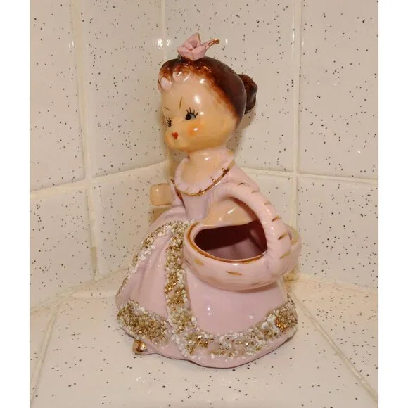 Vintage Ucagco Ceramic Women in Pink Dress w/ Basket Figurine antique lady - Picture 5 of 16
